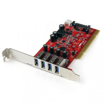 StarTech.com Carte contrôleur PCI à 4 ports USB 3.0 SuperSpeed - Adaptateur PCI 4x USB A (F) avec alimentation SATA / SP4 - Adaptateur USB - PCI-X profil bas - USB 3.0 x 4 - rouge - pour P/N: HBS304A24A, S3510BMU33, S3510SMU33, UNI251BMU33, USB221SS 