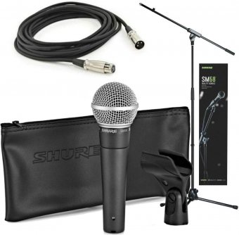 Shure SM58 Quality Bundle with SM58 Cardioid Dynamic Vocal Microphone, 15' XLR Cable, Mic Stand, A25D Mic Clip and Storage Bag, Perfect for Onstage or Studio (SM58-KM-SOM) 