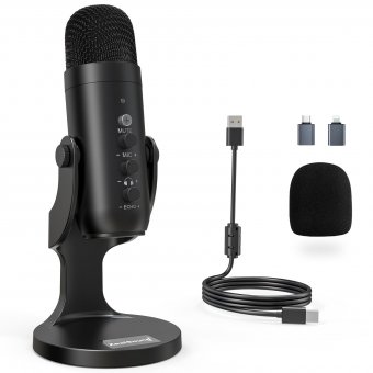 ZealSound Micro PC Telephone ? USB Microphone à Condensateur Pour iPhone Mac? avec Réduction du Bruit & Muet, pour Podcast, Gaming, Streaming, Enregistrement, Twitch, ASMR sur Windows et PS5, K66 Noir 