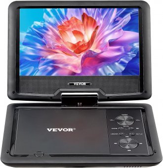 VEVOR Lecteur DVD Portable, écran HD pivotant de 256 mm, avec Chargeur de Voiture, Batterie Rechargeable intégrée de 4 Heures, Deux Haut-parleurs, synchronisation TV/USB/Carte SD/CD/DVD 