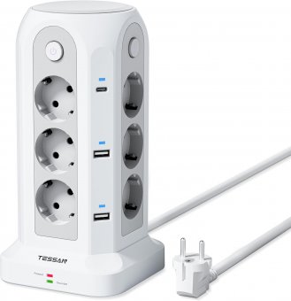 TESSAN Tour Multiprise avec Interrupteur, Prise Multiple avec 6 USB (4A2C) et 12 Prises, Rallonge Electrique 2m, Multiprise Parafoudre et Surtension pour Bureau Maison, 2500W, Gris 