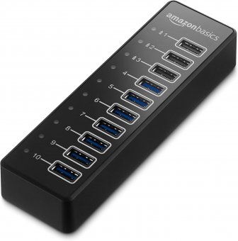 Amazon Basics USB-A 3.1 Hub 10 ports avec adaptateur secteur 65 W (20 V/3,25 A), Noir 