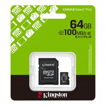 Kingston Canvas Select Plus - Carte mémoire flash (adaptateur microSDXC vers SD inclus(e)) - 64 Go - A1 / Video Class V10 / UHS-I U1 / Class10 - microSDXC UHS-I 
