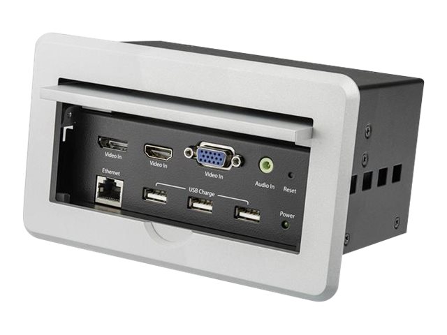 StarTech.com Boîtier de connexion pour table de réunion avec entrées DisplayPort, HDMI et VGA (BOX4HDECP2) - Support de fixation - HDMI, HD-15, fiche mini-phone Stéréo 3,5 mm, RJ-45, USB Type A, DisplayPort - argent 