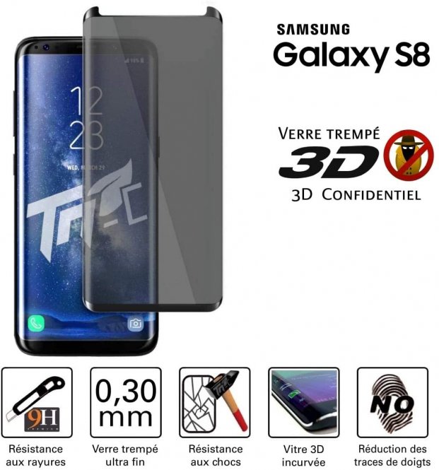 TM-Concept® Verre trempé teinté 3D incurvé - Samsung Galaxy S8 - Fonction Anti-Espion - 3D Privacy Case Friendly 