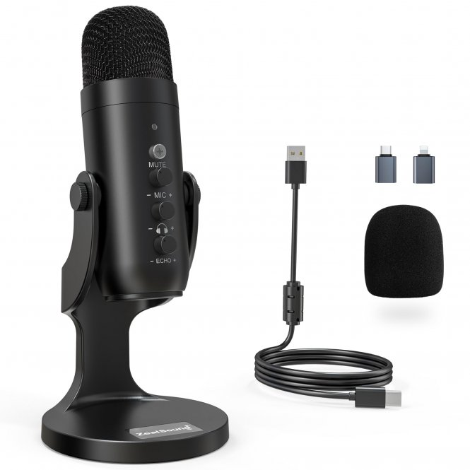 ZealSound Micro PC Telephone ? USB Microphone à Condensateur Pour iPhone Mac? avec Réduction du Bruit & Muet, pour Podcast, Gaming, Streaming, Enregistrement, Twitch, ASMR sur Windows et PS5, K66 Noir 