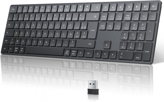TECURS Clavier sans Fil Bluetooth Clavier AZERTY USB 2.4G Wireless Keyboard avec 3 Canaux Bluetooth, USB-C, Ultra-Mince, pour Tablette, Ordinateur, Apple MacOS, Linux, iOS, Android, PC 