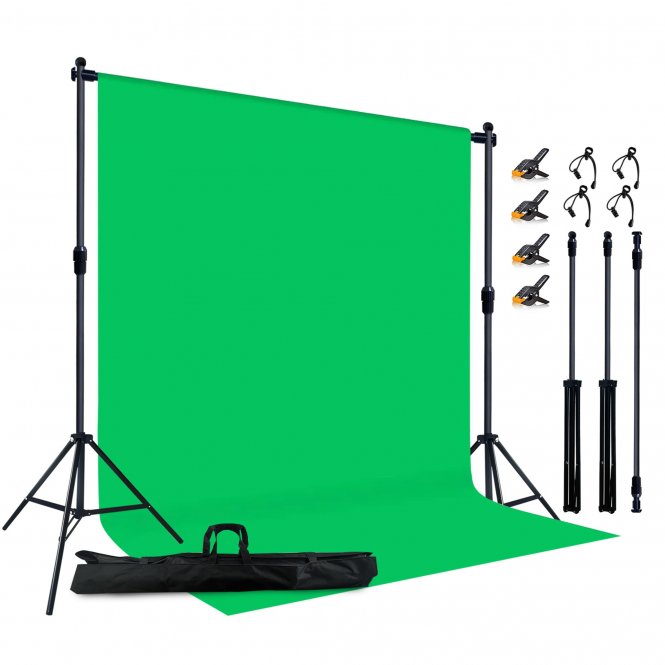 Green Screen Écran Vert 183x274 cm avec Support 2x2 m à Verrouillage Rotatif et 8 Pinces, Tissu de Fond Vert Pliable 