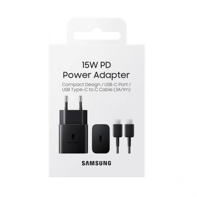 Samsung EP-T1510XBE - Chargeur Secteur Complet (Adaptateur USB Type C Fast Charge 15W & Câble USB Type C Vers USB Type C Détachable, Noir) - Emballage Original 