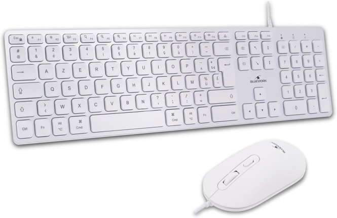 Bluestork - Ensemble Clavier Souris Mac Filaire Blanc - Clavier Apple AZERTY FR Silencieux & Souris 2400 DPI - Design Ultra-Slim - Touches Ciseaux - USB-A & USB-C 