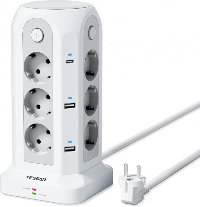 TESSAN Tour Multiprise avec Interrupteur, Prise Multiple avec 6 USB (4A2C) et 12 Prises, Rallonge Electrique 2m, Multiprise Parafoudre et Surtension pour Bureau Maison, 2500W, Gris 