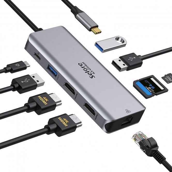 Adaptateur USB-C vers Double HDMI, Ethernet Gigabit, PD 100W, Port USB 3.0 et Lecture Carte SD/TF, Docking Station 9 en 1 