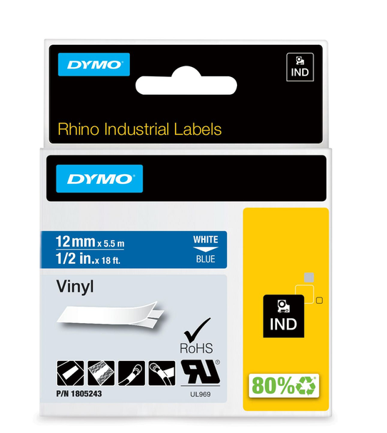 DYMO DYMO Rhino Étiquettes en vinyle industrielles | 12 mm x 5,5 m | autocollantes impression en noir sur fond bleu | pour étiqueteuses Rhino et LabelManager