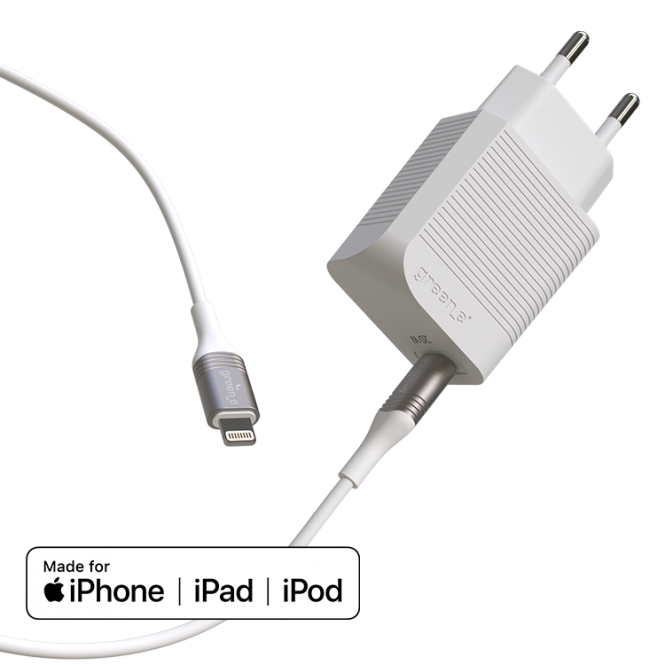 GREEN E CHARGEUR SECTEUR 220 V - MOBILE - CÂBLE USB / APPLE LIGHTNING (avec câble et chargeur secteur se dissociant) 