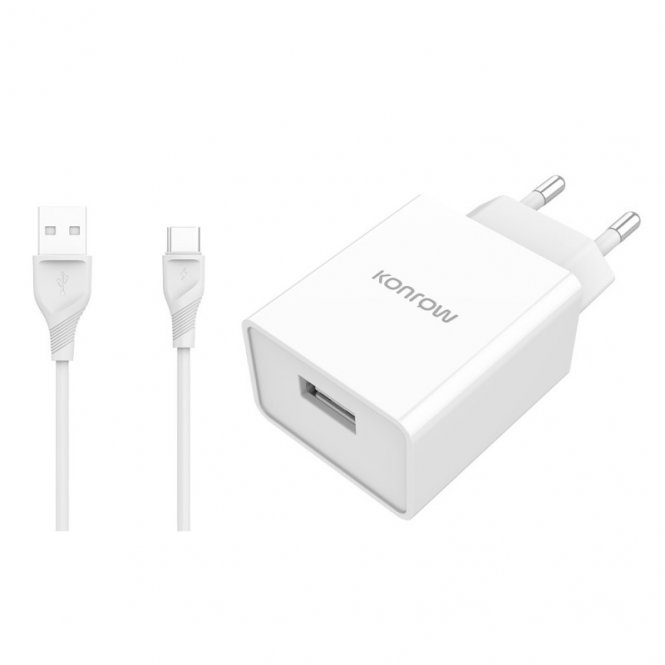 Konrow KK12AATC - Chargeur Secteur Complet (Adaptateur USB 12W & Câble USB Type-C Détachable, 1m, Blanc) - Original, Blister 