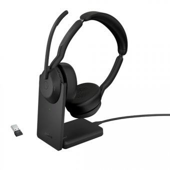 Jabra Evolve2 55 UC Stereo - Micro-casque - sur-oreille - Bluetooth - sans fil - Suppresseur de bruit actif - USB-C, USB-A - noir - avec support de chargement - certifié Zoom, Cisco Webex Certified, Optimisé pour la CU, Certifié Alcatel-Lucent, Certifié A 