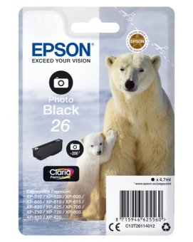 Epson 26 - 4.7 ml - photo noire - original - blister - cartouche d'encre - pour Expression Premium XP-510, 520, 600, 605, 610, 615, 620, 625, 700, 710, 720, 800, 810, 820 