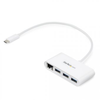 StarTech.com USB C vers Ethernet avec hub USB à 3 ports - Blanc - Gigabit Ethernet - Hub USB 3.0 - Compatible Thunderbolt 3 (HB30C3A1GEA) - Concentrateur (hub) - 3 x SuperSpeed USB 3.0 + 1 x 10/100/1000 