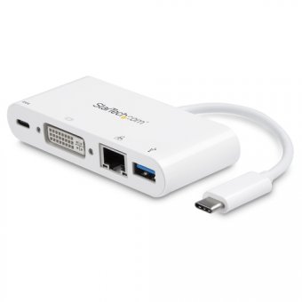 StarTech.com Adaptateur multiport USB-C - Power Delivery (USB PD) - USB C vers USB 3.0 / DVI / GbE - Hub USB Type-C - Adaptateur vidéo externe - USB-C - DVI, RJ-45 - blanc 