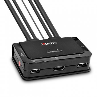 Lindy Switch KVM 2 ports HDMI 4K60, USB 2.0 & audio, câbles intégrés 