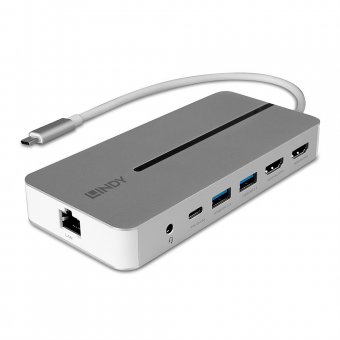 Lindy DST-Mx Duo, Mini Docking Station USB-C pour Laptop/MacBook avec prise en charge 4K sur deux écrans et charge 100W 