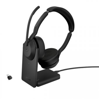 Jabra Evolve2 55 MS Stereo - Micro-casque - sur-oreille - Bluetooth - sans fil - Suppresseur de bruit actif - USB-C - noir - avec support de chargement - Optimisé pour Microsoft Teams 