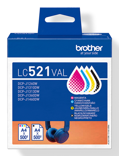 Brother LC521 Value Pack - Pack de 4 - noir, jaune, cyan, magenta - original - boîte de suspension - cartouche d'encre - pour Brother DCP-J1260W, DCP-J1310DW, DCP-J1313DW, DCP-J1460DW 