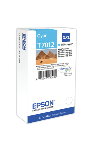 Epson T7012 - 34.2 ml - taille XXL - cyan - original - blister - cartouche d'encre - pour WorkForce Pro WP-4015 DN, WP-4095 DN, WP-4515 DN, WP-4525 DNF, WP-4595 DNF 