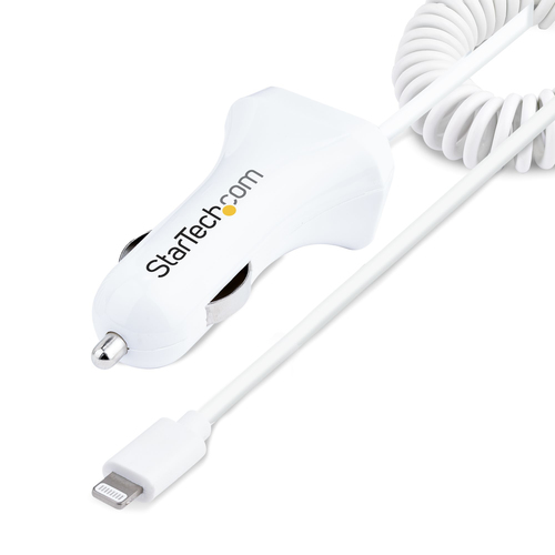Startech Chargeur Voiture Lightning avec Câble Spiralé de 1m - Blanc - Adaptateur d'alimentation pour voiture - 12 Watt - 4.2 A - 2 connecteurs de sortie (USB, Lightning) - blanc 