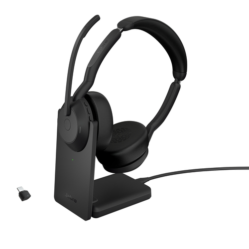 Jabra Evolve2 55 UC Stereo - Micro-casque - sur-oreille - Bluetooth - sans fil - Suppresseur de bruit actif - USB-C - noir - avec support de chargement - certifié Zoom, Cisco Webex Certified, Optimisé pour Microsoft Teams, Certifié Alcatel-Lucent, Certifi 