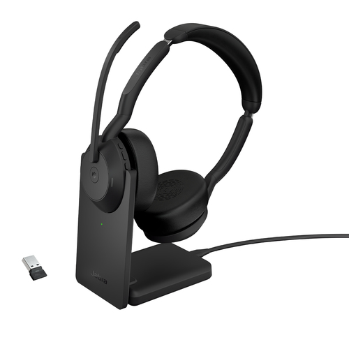 Jabra Evolve2 55 MS Stereo - Micro-casque - sur-oreille - Bluetooth - sans fil - Suppresseur de bruit actif - USB-A - noir - avec support de chargement - certifié Zoom, Cisco Webex Certified, Optimisé pour Microsoft Teams, Certifié Alcatel-Lucent, Certifi 