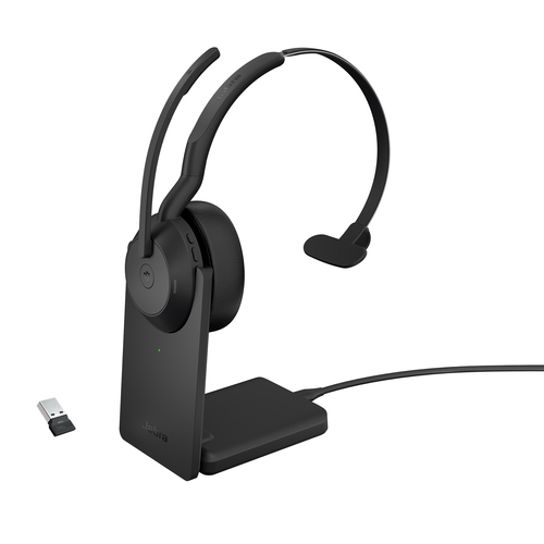 Jabra Evolve2 55 MS Mono - Micro-casque - sur-oreille - Bluetooth - sans fil - Suppresseur de bruit actif - USB-A via adaptateur Bluetooth - noir - avec support de chargement - certifié Zoom, Cisco Webex Certified, Certifié Tencent Meeting, Certifié Alcat 