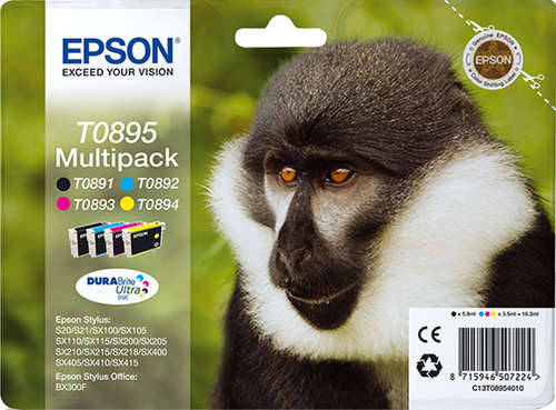 Epson T0895 Multipack - Pack de 4 - noir, jaune, cyan, magenta - original - blister - cartouche d'encre - pour Stylus S21, SX110, SX115, SX210, SX215, SX218, SX400, SX410, SX415, Stylus Office BX300 