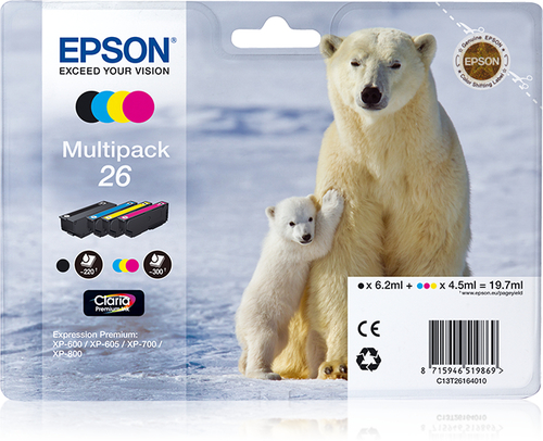 Epson 26 Multipack - Pack de 4 - noir, jaune, cyan, magenta - original - cartouche d'encre - pour Expression Premium XP-510, 520, 600, 605, 610, 615, 620, 625, 700, 710, 720, 800, 810, 820 