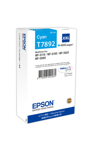 Epson T7892 - 34.2 ml - taille XXL - cyan - original - cartouche d'encre - pour WorkForce Pro WF-5110DW, WF-5190DW, WF-5190DW BAM, WF-5620DWF, WF-5690DWF, WF-5690DWF BAM 