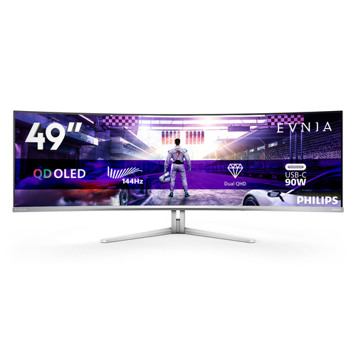 Philips Evnia 8000 49M2C8900L - Moniteur OLED - jeux - incurvé - 49" (48.9" visualisable) - 5120 x 1440 Dual Quad HD @ 144 Hz - 1000 cd/m² - 1000000:1 - DisplayHDR 400 True Black - 0.03 ms - 2xHDMI, DisplayPort, USB-C - haut-parleurs avec subwoofer - blan 