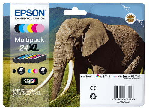 Epson 24XL Multipack - Pack de 6 - 55.7 ml - XL - noir, jaune, cyan, magenta, magenta clair, cyan clair - original - blister - cartouche d'encre - pour Expression Photo XP-55, 750, 760, 850, 860, 950, 960, 970, Expression Premium XP-750, 850