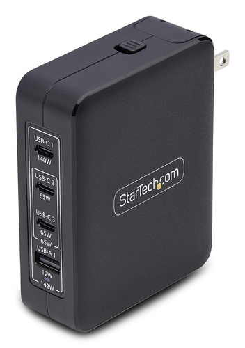 Startech 140W USB-C Wall Charger, USB-C/USB-A, PD GaN Power Adapter - Adaptateur secteur - technologie GaN - 140 Watt - 5 A - Power Delivery 3.1 - 4 connecteurs de sortie (USB, 3 x USB-C) - noir