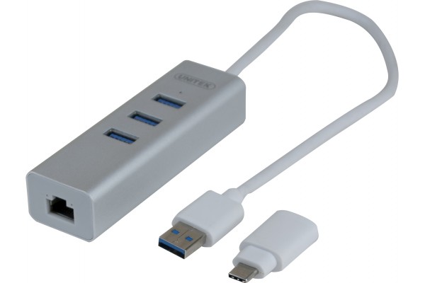 Adapt. USB 3.0 metal Gigabit + HUB + Convert. USB Type C 