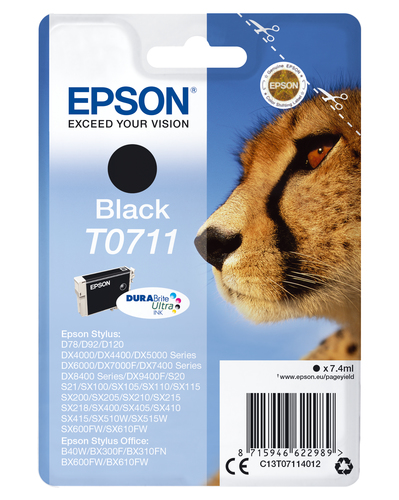 Epson T0711 - 7 ml - noir - original - cartouche d'encre - pour Stylus DX9400, SX115, SX210, SX215, SX218, SX415, SX515, SX610, Stylus Office BX310, BX610 