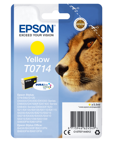Epson T0714 - 5.5 ml - jaune - original - emballage coque avec alarme radioélectrique - cartouche d'encre - pour Stylus DX9400, SX115, SX210, SX215, SX218, SX415, SX515, SX610, Stylus Office BX310, BX610 