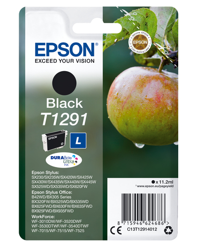 Epson T1291 - Taille L - noir - original - emballage coque avec alarme radioélectrique - cartouche d'encre - pour Stylus SX230, SX235, SX430, SX438, WorkForce WF-3010, 3520, 3530, 3540, 7015, 7515, 7525