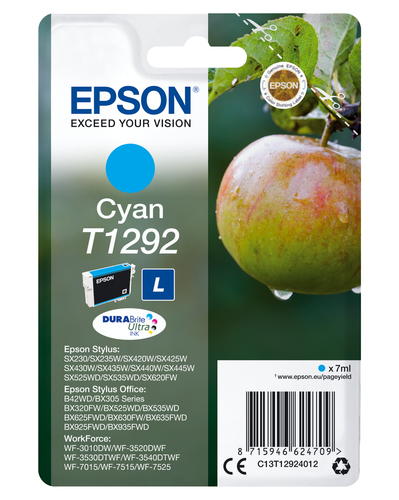 Epson T1292 - Taille L - cyan - original - emballage coque avec alarme radioélectrique/ acoustique - cartouche d'encre - pour Stylus SX230, SX235, SX430, SX438, WorkForce WF-3010, 3520, 3530, 3540, 7015, 7515, 7525 