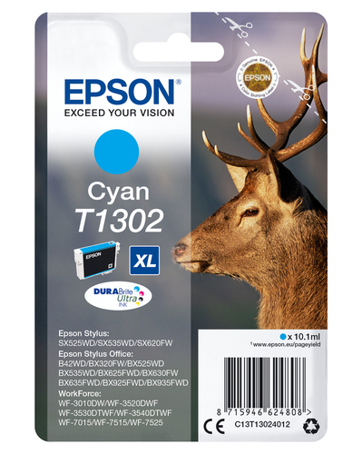 Epson T1302 - 10.1 ml - cyan - original - pack suspendu - cartouche d'encre (alternative pour : Epson T1302) - pour Stylus Office BX630, BX635, BX935, WorkForce WF-3010, 3520, 3530, 3540, 7015, 7515, 7525