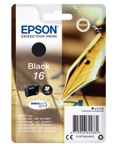 Epson 16 - 5.4 ml - noir - original - cartouche d'encre - pour WorkForce WF-2010, 2510, 2520, 2530, 2540, 2630, 2650, 2660, 2750, 2760 