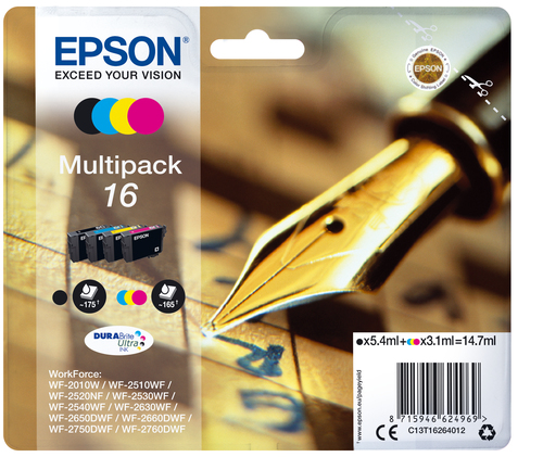 Epson 16 Multipack - Pack de 4 - noir, jaune, cyan, magenta - original - emballage coque avec alarme radioélectrique/ acoustique - cartouche d'encre - pour WorkForce WF-2010, 2510, 2520, 2530, 2540, 2630, 2650, 2660, 2750, 2760