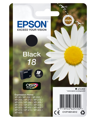 Epson 18 - 5.2 ml - noir - original - emballage coque avec alarme radioélectrique/ acoustique - cartouche d'encre - pour Expression Home XP-212, 215, 225, 312, 315, 322, 325, 412, 415, 422, 425 