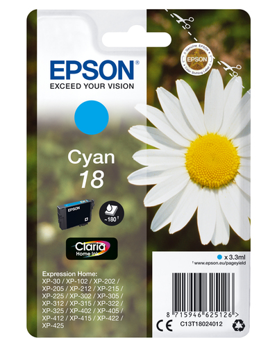 Epson 18 - 3.3 ml - cyan - original - emballage coque avec alarme radioélectrique/ acoustique - cartouche d'encre - pour Expression Home XP-212, 215, 225, 312, 315, 322, 325, 412, 415, 422, 425 