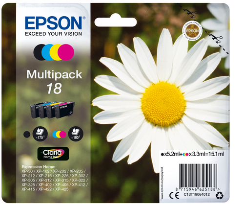 Epson 18 Multipack - Pack de 4 - 15.1 ml - noir, jaune, cyan, magenta - original - emballage coque avec alarme radioélectrique/ acoustique - cartouche d'encre - pour Expression Home XP-212, 215, 225, 312, 315, 322, 325, 412, 415, 422, 425 