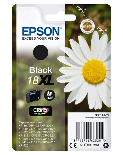 Epson 18XL - 11.5 ml - XL - noir - original - cartouche d'encre - pour Expression Home XP-212, 215, 225, 312, 315, 322, 325, 412, 415, 422, 425 